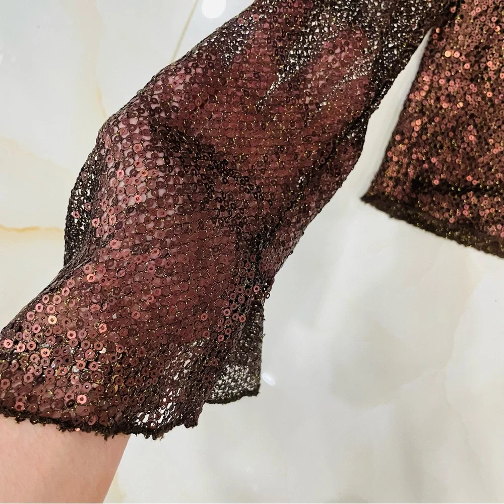 Free People Intimately Free Sheer Brown Sequins Long Bell Sleeve Top Womens XS